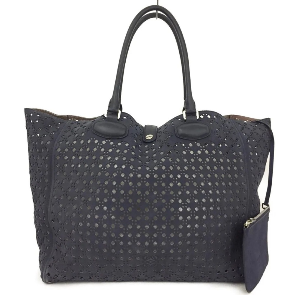 Loewe Navy blue Punching Leather Shoulder Tote Bag PERFECT SUMMER BAG “Anagram”
